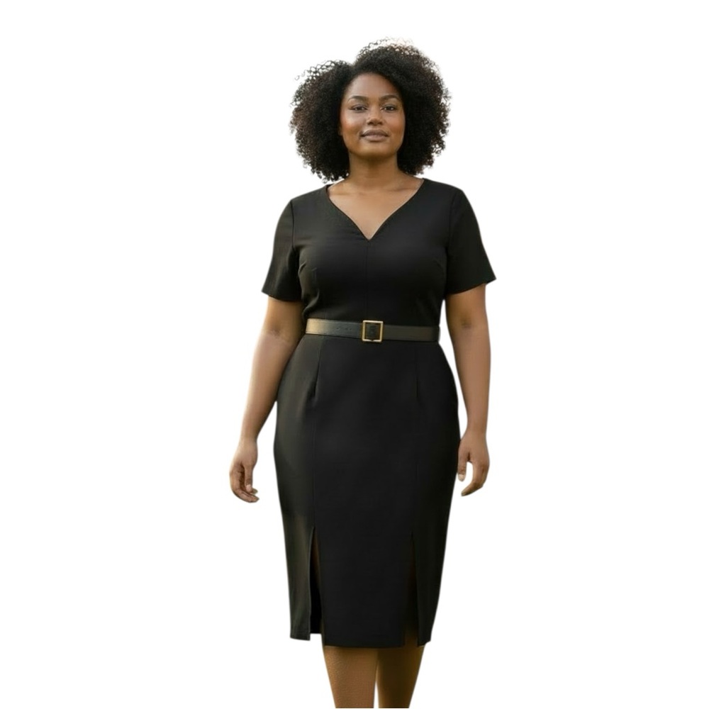 Donna Karan New‎ York Belted Stretch Sheath Dress Short Sleeves, Black, Sz 14